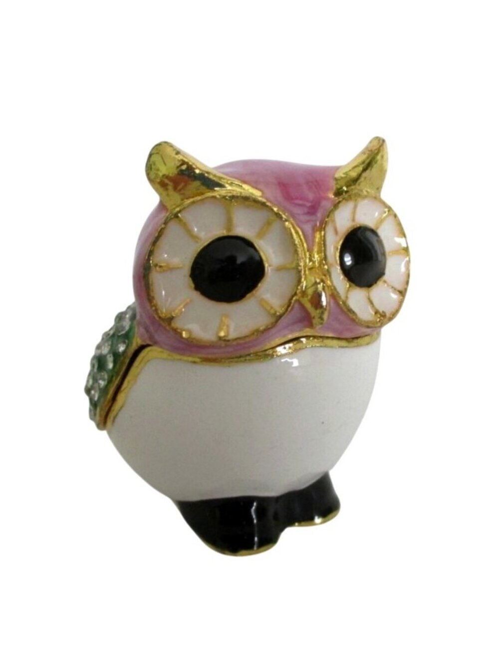 Owl Enamel Hinged Trinket Box With Gold Accents & Rhinestone Details 1.5"